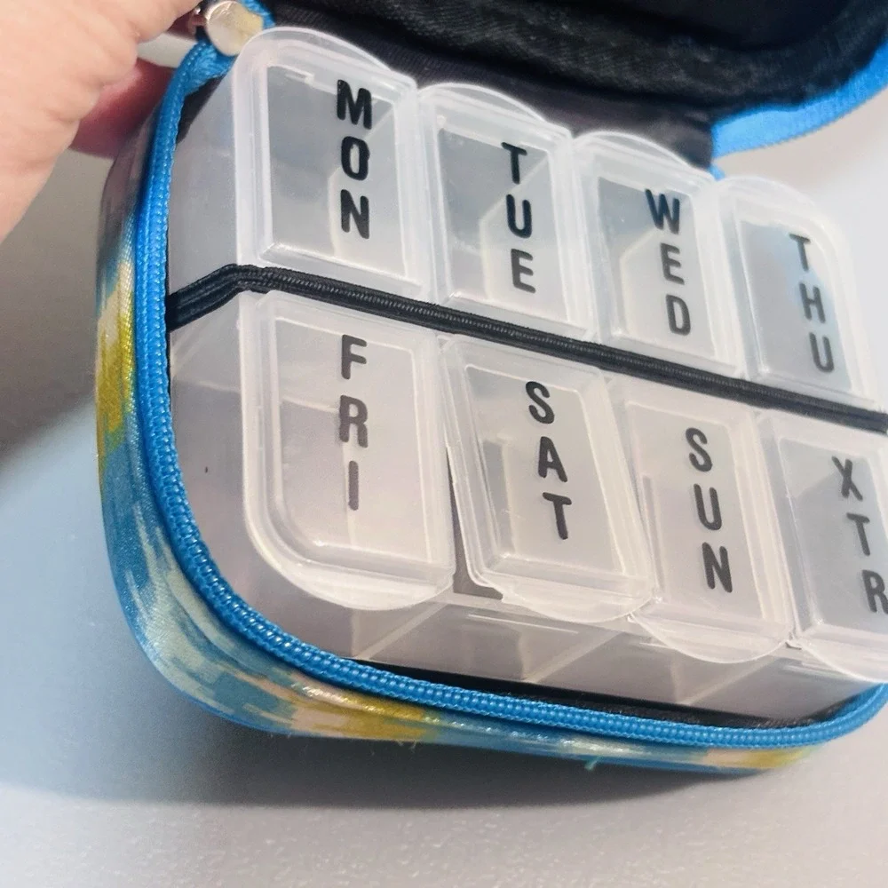 Weekly Travel Pill Organizer Case Blue Green Zip Close Medicine Holder New